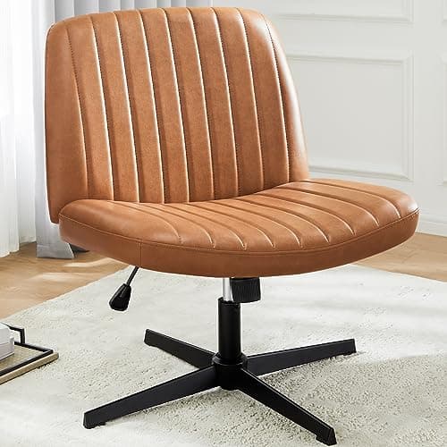 DUMOS Cross Legged Office Chair, Armless Wide Desk Chair No Wheels, Modern Home Office Desk Chair Swivel Adjustable Leather Vanity Chair, Brown