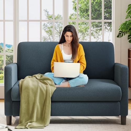 Welzona Loveseat Sofa, 51" Love Seat, Comfy Teddy Small Loveseat for Small Spaces, Tool-Free Setup Sofa Couch for Bedroom, All-Wood Couches for Living Room, No Pillow Included, Blue Grey