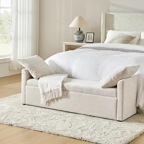 HULALA HOME Modern Storage Bench with Throw Pillows, 59.4" Extra Long Bedroom Ottoman Bench for End of Bed, Comfy Upholstered Footstool for Entryway Living Room Dining Room, Linen