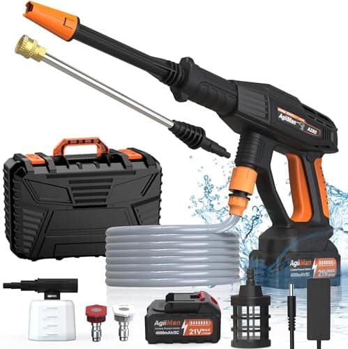 AgiiMan Cordless Pressure Washer - MAX 1000 PSI Battery Powered Pressure Washer, 21V Portable Cordless Power Washer with Rechargeable 4.0Ah Battery for Car/Fence/Floor/Patio Cleaning & Watering Orange