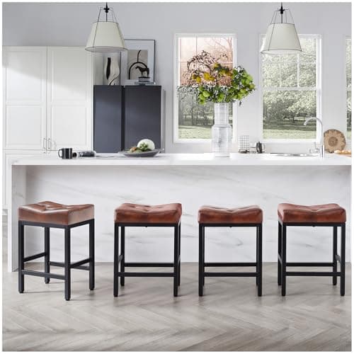 Lasigeli 24 inch Counter Height Bar Stools,Backless Stools Set of 4 for Kitchen Island,Farmhouse Style with Upholstered Faux Leather and Metal Legs,Small Space Bar Stools,Easy Assembly,Brown