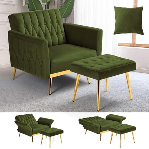 ACMEASE Velvet Accent Chair w/Adjustable Armrests and Backrest, Button Tufted Lounge Chair, Single Recliner Armchair with Ottoman and a Pillow for Living Room, Bedroom,Olive Green