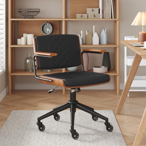 CoVibrant Ergonomic Office Chair with Rubber Wheels & Walnut Arms - PU Leather Mid-Back Desk Chair, Adjustable Height, Bentwood Backrest | Swivel Rocking Design for Home Office, Meeting Room, Study