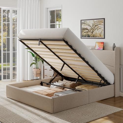 Feonase Queen Lift Up Storage Bed Frame with Charging Station, Wingback Upholstered Platform Bed Frame, Wooden Slats Support, No Box Spring Needed, Noise-Free, Beige