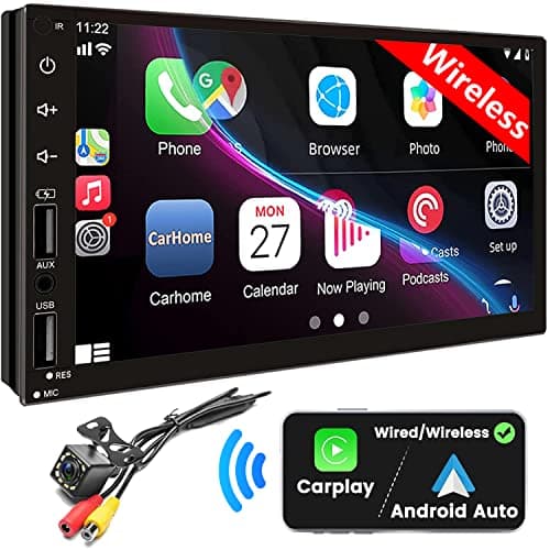 Double Din Car Stereo with Wireless Apple CarPlay & Android Auto, 7inch Touchscreen Car Audio Receiver, Wireless Car Radio with Bluetooth, Backup Camera/Mirrorlink/FM/SWC/Subwoofer/2 USB/AUX Input