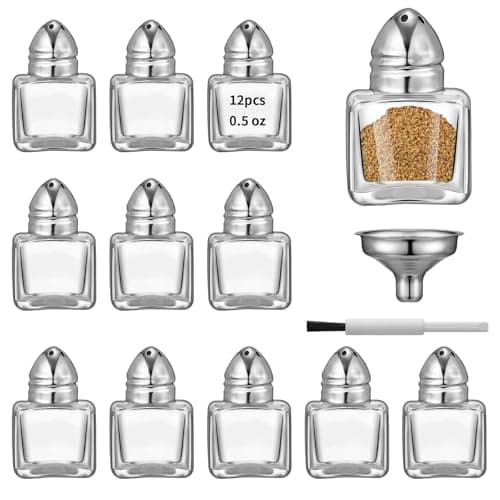 12 Pcs 0.5 oz Cube Shape Small Salt and Pepper Shakers with Tone Tops Clear Mini Glass Seasoning Jars Spice Salt Shakers with Funnel for Wedding Party Restaurant Home Kitchen (12, Silver)