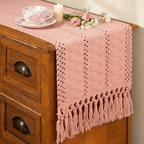 FEXIA Pink Table Runner 72 Inches Long with Tassels Boho Farmhouse Macrame Summer Pink Room Dining Bedroom Baby Bridal Shower Decor(12x72 Inches)
