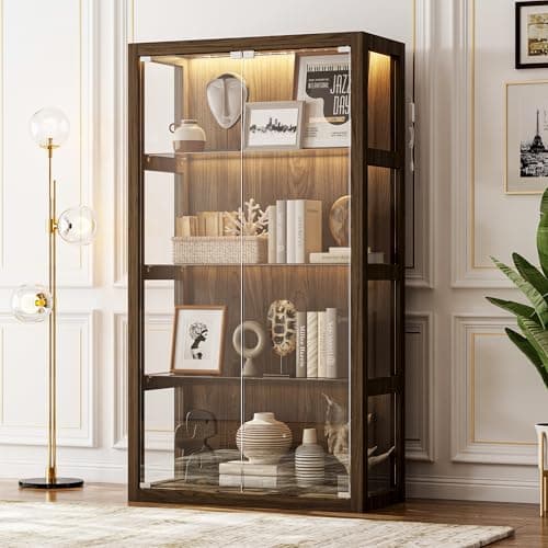 ECACAD 63" H 4-Tier Display Storage Cabinet with 2 Glass Doors & Shelves, Modern Bookshelf Bookcase with Wood Grain for Living Room Dining Room, Brown