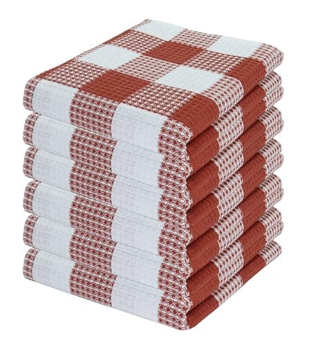 PurpleEssences Rust 100% Cotton Waffle Weave Check Plaid Kitchen Towels, Super Soft and Absorbent Dish Towels for Drying Dishes 15x25-6 Pack - Spring Easter Summer - Rust and White