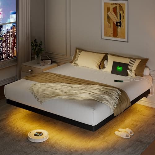 Feonase 14" High King Floating Bed Frame with LED Lights and Charging Station, Heavy Duty Metal Platform Beds with 12" Underbed Storage Space, No Box Spring Needed, Easy Assemble