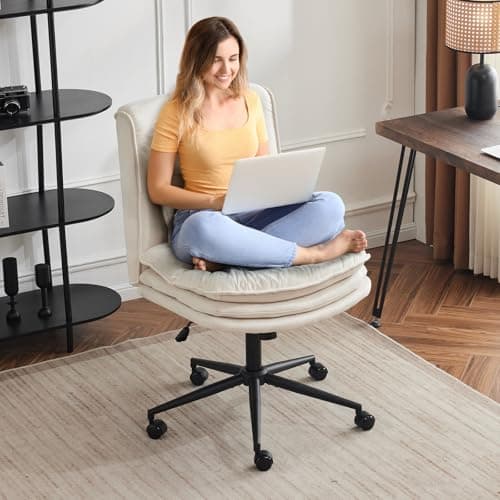 VINGLI Cloud Criss Cross Legged Chair,18" High Back Armless Home Office Desk Chair with Wheels,Wide Adjustable Comfy Padded Seat Task Computer Chair,Modern Swivel Makeup Vanity Chair,Microfiber,Beige