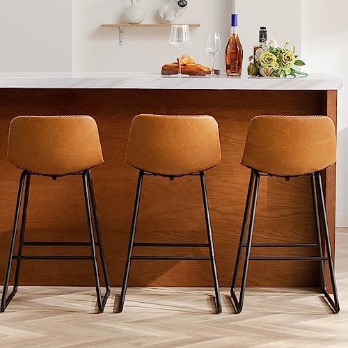 HeuGah Whiskey Brown Bar Stools Set of 3, 26 Inch Counter Height Stools with Back for Kitchen Island, Faux Leather Upholstery, Metal Base