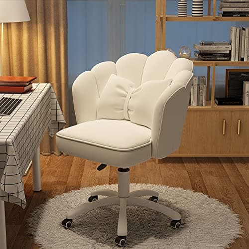 XUEGW Petal Desk Chair with Bow Cushion Velvet Vanity Chair with Wheels, Upholstered Home Office Chair for Girls Women, Mid-Back Swivel Computer Task Chairs for Living Room Bedroom