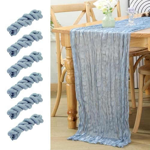 GARENY 6 Pack Dusty Blue Table Runner 120 Inch 10 FT Boho Gauze Cheesecloth Table Runner for Bridal Baby Shower Wedding Birthday Party Holiday Centerpiece for Home Decorations