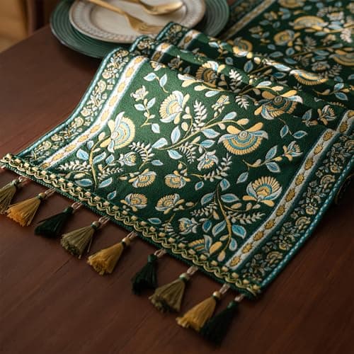 DHRH 13×72 Inch Table Runner, Retro-Luxury Tassels Series for Kitchen Dining Table Holiday Decoration (Green Branch)
