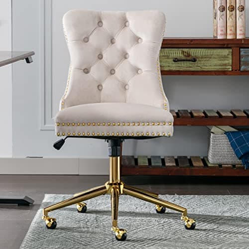 LKTART Office Chair Velvet Upholstered Tufted Button Chair with Golden Metal Base Adjustable Desk Chair Swivel Office Chair for Kitchen Living Room