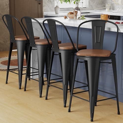 Alunaune 26" Swivel Metal Bar Stools Set of 4 High Back Counter Height Barstools Industrial Dining Bar Chairs with Large Wooden Seat-Matte Black