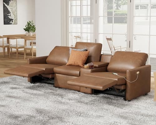 AMERLIFE Reclining Sectional Sofa, Power Recliner with Console& Dual Recliner, 3 Seater Recliner Couch with Cup Holder& Charging Socket, Leather Modular Sofa for Living Room, Brown