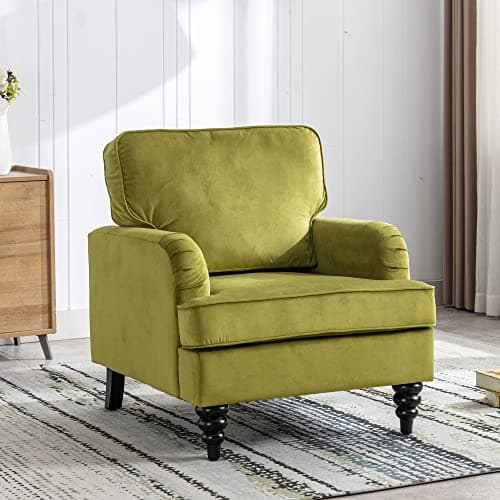 DM Furniture Midcentury Modern Accent Chair Velvet Arm Chairs Comfy Reading Chair Single Sofa Couch for Bedroom/Living Room/Salon, Olive Green