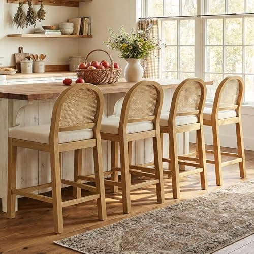 STHOUYN Upholstered Rattan Bar Stools Set of 4, Wooden Counter Height Stools with Natural Rattan Woven Back and Chenille Seat, Mid-Century Modern Barstools Island Chairs for Kitchen (4, Cream White)