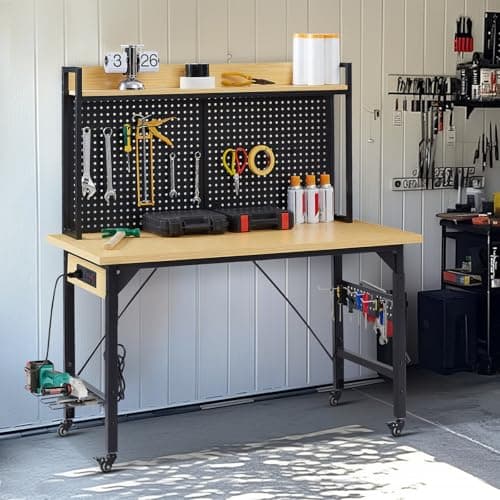Tatub 48inch Adjustable Workbench with Wheels and Large Pegboard, Work Table with Power Outlets, 2000 LBS Load Capacity Rolling Work Benches for Garage, Office, Workshop, Home