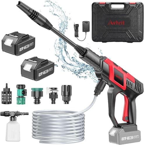 Avhrit Cordless Pressure Washer - 1100 PSI BRUSHLESS Portable Cleaner with 2X 4.0Ah Batteries,3 Faucet Adapters,Garden Hose Connector,2 Adjustable Modes with 0-180° Nozzle,Car Washing Gun/Patios/Boats