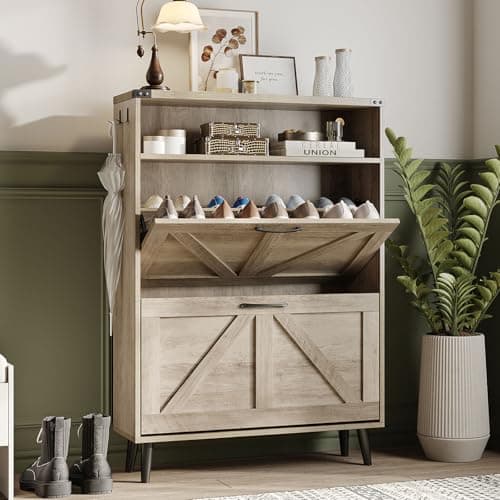 Halitaa Shoe Cabinet with 2 Flip Drawers & Open Storage,Farmhouse Shoe Storage Cabinet for Entryway,Freestanding Narrow Organizer Rack with Legs,Foyer,Hallway,Grey
