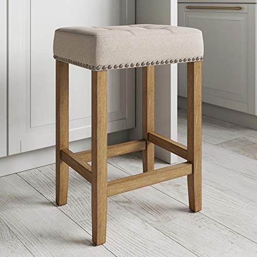Nathan James Hylie Nailhead Wood Pub-Height Kitchen Counter Bar Stool 24", Natural Flax/Light Brown