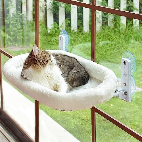 AMOSIJOY Cordless Cat Window Perch, Window Hammock for Cats with 4 Strong Suction Cups, Solid Metal Frame and Soft Cover, Indoor Cat Bed