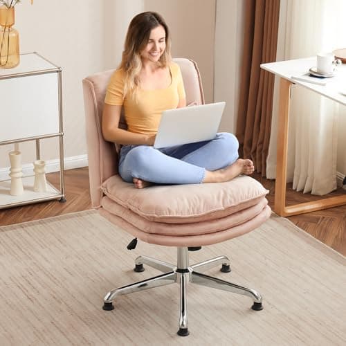 VINGLI Cloud Criss Cross Legged Home Office Desk Chair, 18" High Back Armless, Wide Adjustable Comfy Padded Seat, Modern Swivel Makeup Vanity Chair, Microfiber, Pink