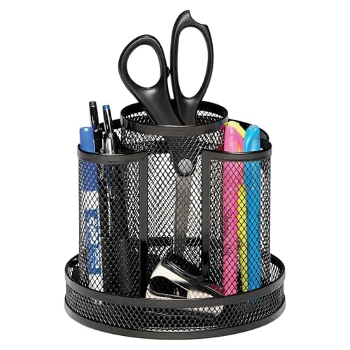 Rolodex Desk Organizer, Rotating Office Supply Caddy, Mesh Black (6.5" x 6.5" x 6.25") - Spinning Pencil Holder, Teacher Essentials