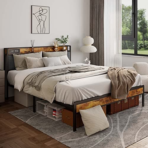 Gizoon Queen Metal Platform Bed,Bed Frame with Upholstered Wooden Headboard, Noise Free, No Box Spring Needed with Underbed Storage, Modern Bedroom Furniture,Easy Assembly