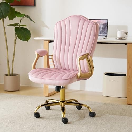 cayglow Velvet Home Office Chair with Gold Arms and Legs, Comfortable Upholstered Tufted Swivel Desk Chair Comfy with Wheels for Girls Women Study Bedroom Living Room, Pink