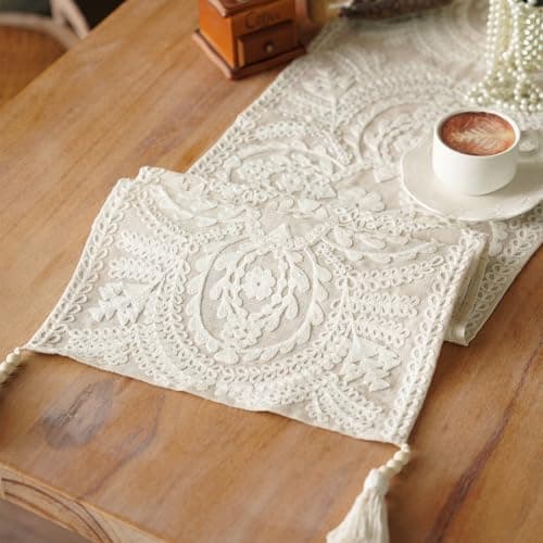 Artbloss Embroidered Table Runner Boho Farmhouse Dresser Scarf Macrame Rustic Lace Doily with Tassel for Kitchen Indoor Outdoor Fireplace (Beige, 14 x 56 Inches)