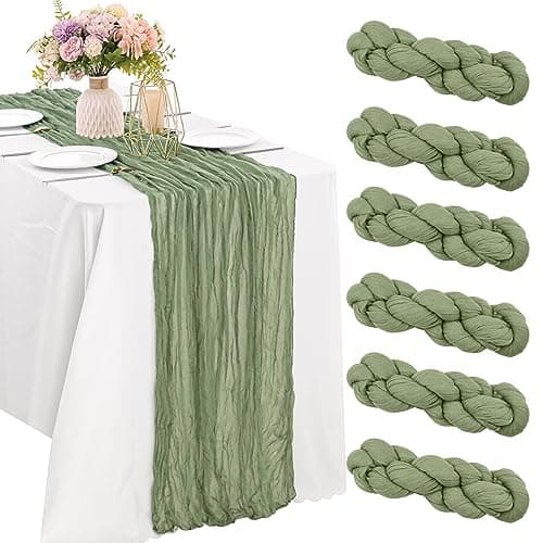 6 Pieces Easter Spring Sage Green 10FT Cheesecloth Table Runner Boho Gauze Fabric Table Runner Rustic Sheer Runner for Wedding Birthday Baby Shower Party Boho Table Decoration(Sage Green)