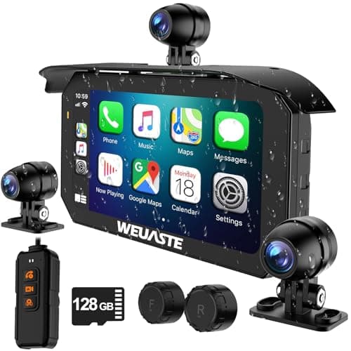 Weuaste 6.25" Motorcycle Carplay Screen with GPS NavigationSystem, Wireless Android Auto, TPMS, HD 1080P Dual Motorcycle Dash Cam+Third Person Perspective Camera, Motos Metal Anti-Theft Bracket