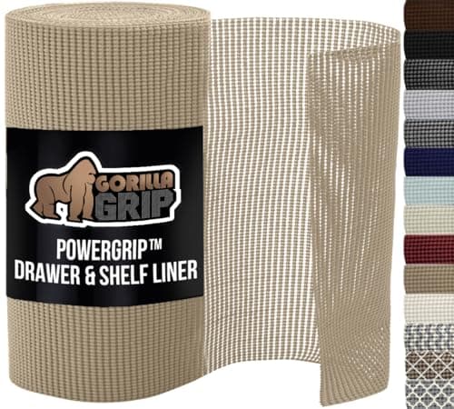 GORILLA GRIP powerGRIP Drawer Shelf and Cabinet Liner, Thick Strong Hold, Non-Adhesive Liners Protect Kitchen Cabinets and Cupboard, Bathroom Drawers, Easy Install, Breathable Mat, 12" x10', Beige