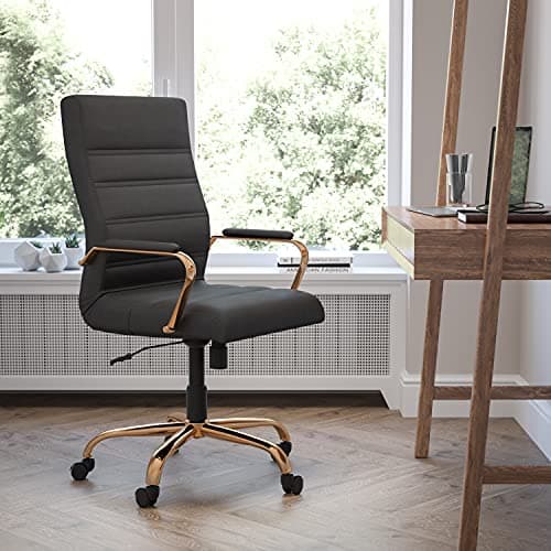 EMMA + OLIVER Faux Leather High-Back Swivel Home Office Desk Chair with Wheels, Padded Seat, and Armrests, Adjustable Height Multipurpose Office Chair, Black/Gold