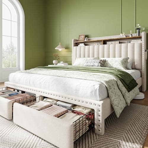 EnHomee Queen Size Bed Frame, Upholstered Queen Bed Frame with 2 Storage Drawers and 2-Tier Headboard, Vertical Tufted Headboard Design, Extra Storage Space for Bedroom Apartment, Beige