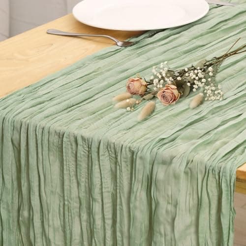 Fixwal 3 Pack Sage Green Cheesecloth Table Runners, 35x120 Inch Pleated Boho Gauze Table Runner, Long Semi-Transparent Table Decorations for Christmas Dinner, Parties, Birthdays and Weddings