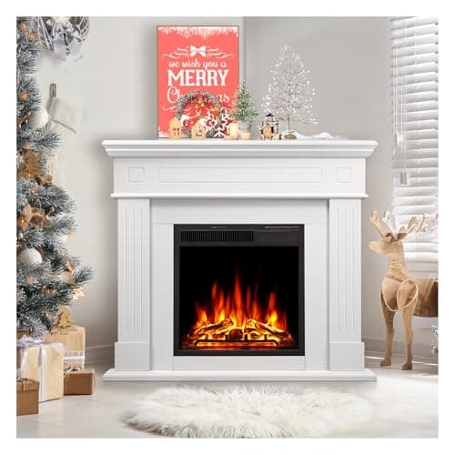 44" Corner Electric Fireplace with Mantel Package Freestanding Fireplace Heater Corner Firebox with Log & Remote Control,750-1500W,White