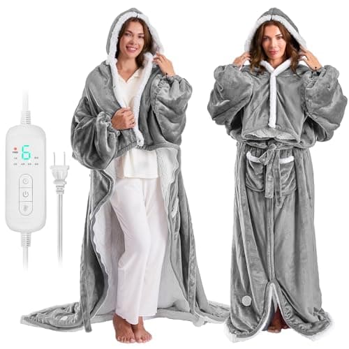 Wearable Heated Blanket with Zipper,Electric Snuggle Throw Blankets with Sleeves,Flannel & Sherpa Heating Blanket with Foot Pocket for Adults Seniors,8 Heating Levels & 1-10 Hour Timer, 60x70in