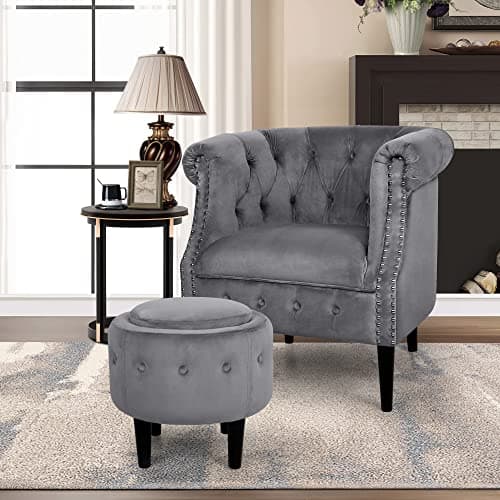 LEVNARY Mid-Century Accent Chair with Storage Ottoman, Modern Velvet Armchair Button Tufted Rivet Barrel Chair, Comfy Single Sofa Ottoman Set for Living Room Bedroom Reading (Gray), Velvet Gray