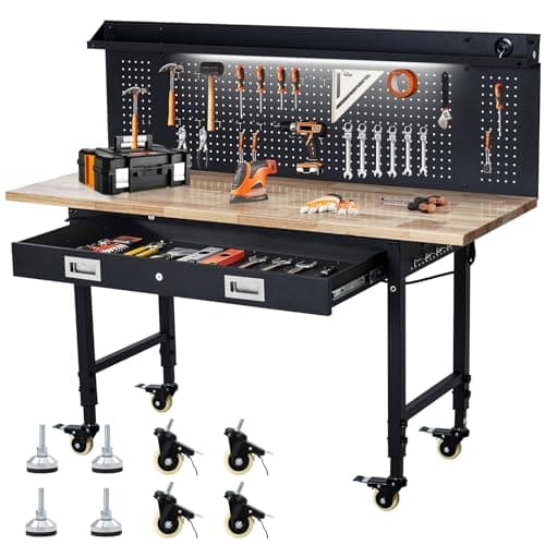 ACONEE 60" Adjustable Workbench with Drawer Storage, Rubber Wood Top Work Table for Garage, Heavy Duty Worktable with Removable Pegboard, Power Outlet, Hooks, Tool Storage Bench for Warehouse Workshop