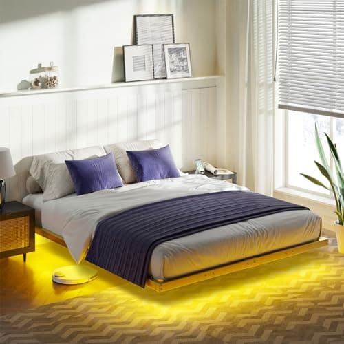 AMERLIFE Full Size Floating Bed Frame, Full Bed Frame with LED Lights, Heavy Duty Metal Platform Bed, No Box Spring Needed/Noise Free/Gold