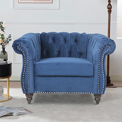 LEVNARY Velvet Chesterfield Chair, Mid-Century Modern Single Sofa Chair with Button Tufted Backrest and Nailhead Decor, Tufted Upholstered Rolled Armchair for Home Bedroom Reading Room (Blue)