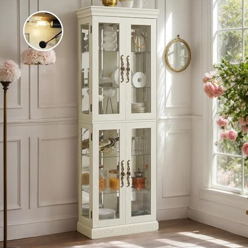 Lighted Curio Cabinet 71" Vintage Glass Display Case with Adjustable Shelves, 4 Tempered Glass Doors, Bulb Included, Wooden Wine Bar China Cabinet for Living Room Liquor Storage (Antique White)