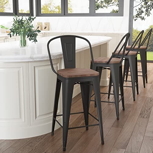 Aklaus Metal Bar Stools Set of 4,24 inch Barstools Counter Height BarStools with Backs Farmhouse Bar Stools with Larger seat High Back Kitchen Dining Chairs Modern Bar Chairs Matte Black Stool