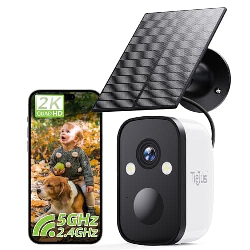 TIEJUS 2K Solar Security Cameras Wireless Outdoor, 2.4G/5G WiFi, Powered by Sun Rechargeable Battery Backup, Color Night Vision, PIR AI Motion Detection,2 Way Talk,IP66,Works with Alexa/Cloud/SD