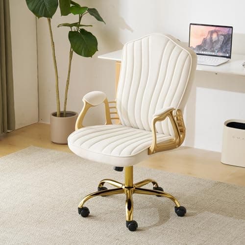 cayglow Velvet Home Office Chair with Gold Arms and Legs, Comfortable Upholstered Tufted Swivel Desk Chair Comfy with Wheels for Girls Women Study Bedroom Living Room,Cream